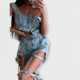 Gaia - Stiilne helesinine denim crop top õlavarre detailidega ja rebenditega lühikesed püksid