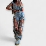 Gaia - Stiilne helesinine denim crop top õlavarre detailidega ja rebenditega lühikesed püksid