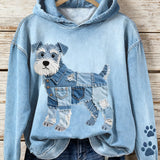 Lola - Denim mikina naistele Patchwork Art Šnauseriga koera mustriga