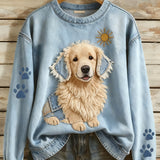 Chica - Naiste pikkade varrukatega retro stiilis mikropullover Patchwork Loomade kunstitrükk Igapäevane mugavus